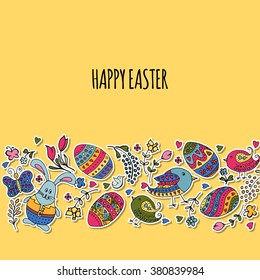 Hand sketched Happy Easter text as logotype, badge and icon. Drawn  postcard, card, invitation, poster, banner template. Lettering typography. Seasons Greetings