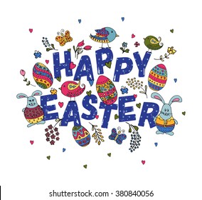 Hand sketched Happy Easter text as logotype, badge and icon. Drawn  postcard, card, invitation, poster, banner template. Lettering typography. Seasons Greetings