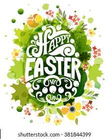 Hand sketched Happy Easter text as logotype, badge and icon. Drawn  postcard, card, invitation, poster, banner template. Lettering typography. Seasons Greetings

