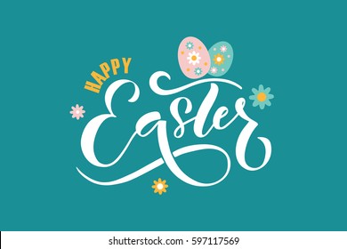 Hand sketched Happy Easter text as logotype, badge and icon.  drawn spring celebration postcard, card, invitation, poster, banner template.  lettering typography. Seasons Greetings