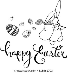 Hand sketched Happy Easter text as logotype, badge and icon. Easter postcard, card, invitation, flyer, banner template. White background.