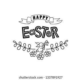Hand sketched Happy Easter typography lettering poster . Modern calligraphy with rabbit and flowers. Sign isolated on white background. Vector illustration.
