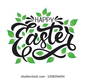 Hand sketched Happy Easter typography lettering poster. Celebration quote isolated on white background for postcard, icon, logo, badge. Spring celebration vector calligraphy text with colorful leaves.