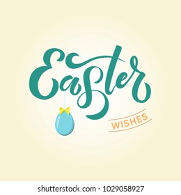 Hand sketched Happy Easter Wishes text and blue egg as logotype, badge and icon. drawn spring celebration postcard, card, invitation, poster, banner template. lettering typography. Season’s Greetings.