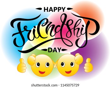 Hand sketched Happy Friendship day typography lettering poster. Celebration quote with emoticons- friends on colorful background for postcard, icon, logo, badge. Vector lettering. EPS 10.