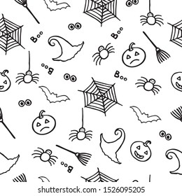 Hand sketched Happy Halloween set.  Black drawing on white background. Seamless pattern. Template for greeting card, flyer, poster, banner. EPS10