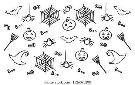 Hand sketched Happy Halloween set.  Black drawing on white background. Template for greeting card, flyer, poster, banner. EPS10