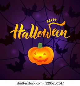 Hand sketched Happy Halloween text on textured background. Lettering typography for greeting card, invitation, banner, postcard, poster template. Vector illustration.