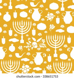Hand sketched Happy Hanukkah seamless pattern with objects set. Flat design style logotype, badge and icon background. jewish holiday template. Card, banner, flyer on textured background 