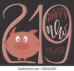 Hand sketched Happy New Year 2019 with shadow and highligh vector illustration EPS 8 lettering typography. Template for card, design, print, poster. Celebration, invitation drawn T-shirt, bag design