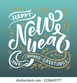 Hand sketched Happy New Year logotype, badge, icon lettering typography. Lettering 'Happy New Year' for Christmas greeting card, invitation template. Winter banner, poster. Vector illustration EPS 10
