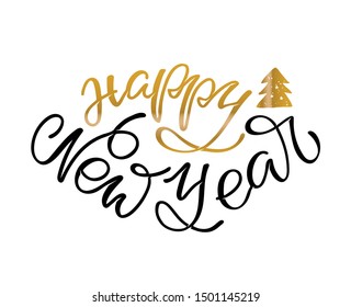Hand sketched Happy New Year logotype, badge, icon lettering typography. Lettering 'Happy New Year' for Christmas greeting card, invitation template. Winter banner, poster. Merry Christmas