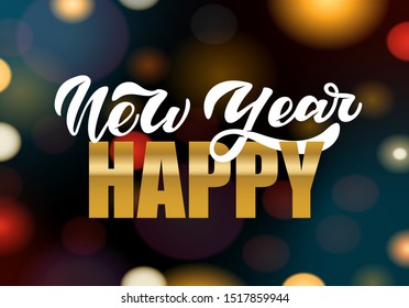 Hand sketched Happy New Year type, badge, icon lettering typography. Lettering 'Happy New Year' for Christmas greeting card, invitation template. Winter banner, poster. Merry Christmas