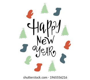 Hand sketched Happy New Year badge and icon for Happy holidays greeting card. Lettering celebration logo. Typography for winter holidays. Calligraphic poster.