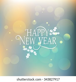 Hand sketched Happy New Year for holidays greeting card.Lettering celebration logo set.Typography for winter holidays.Calligraphic poster on blurred textured background. Postcard motive