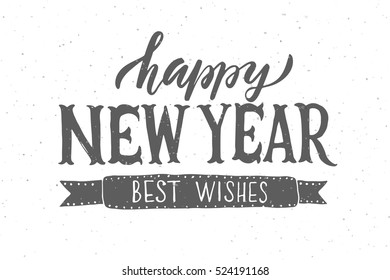 Hand sketched Happy New Year for holidays greeting card with tree. Lettering celebration logo set.Typography for winter holidays.Calligraphic poster on blurred textured background. Postcard motive