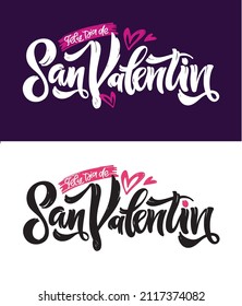 Hand sketched Happy Valentines Day text in spanish with hearts. Valentines Day typography. Hand drawn lettering for Valentines Day card template. St. Valentines Day banner, flyer. Romantic lettering