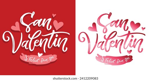 Hand esbozó el texto del Feliz Día de San Valentín en español con corazones. Tipografía del Día de San Valentín. Grabado a mano para la plantilla de tarjetas de San Valentín. Cartel del Día de San Valentín, volante. Letras románticas. 