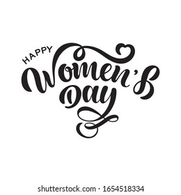 Hand sketched Happy Womens Day  typography lettering poster. Celebration quote isolated on white background for postcard, icon, logo, badge. Celebration vector calligraphy text.