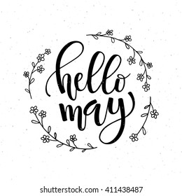 Hand sketched Hello May text as logotype, badge and icon. Spring postcard, card, invitation, banner template. Warm season lettering typography. Season's Greetings