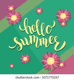 Hand sketched Hello summer text on textured green background with pink flowers. Good for card, poster, banner, invitation, postcard, icon. Vector illustration. Season’s greetings.
