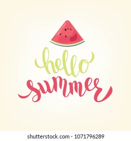 Hand sketched Hello summer text with watermelon slice in flat style design. Good for card, poster, banner, invitation, postcard, icon. Vector illustration. Season’s greetings. Lettering typography.