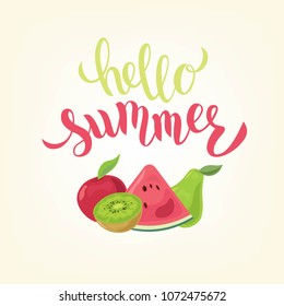Hand sketched Hello summer text with fruits in flat style design. Good for card, poster, banner, invitation, postcard, icon. Vector illustration. Season’s greetings. Lettering typography.