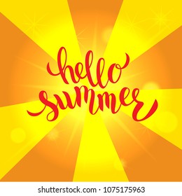 Hand sketched Hello summer text with watermelon slice in flat style design. Good for card, poster, banner, invitation, postcard, icon. Vector illustration. Season’s greetings. Lettering typography.