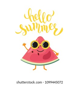 Hand sketched Hello summer text with cute watermelon. Lettering typography. Great for logo, t-shirts, badge, greeting, card, party, banner, invitation template. Vector.