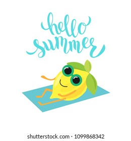 Hand sketched Hello summer text with cute watermelon. Lettering typography. Great for logo, badge, greeting, card, stick cake topper, party, baby birthday, banner, invitation template. Vector.