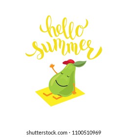 Hand sketched Hello summer text with cute pear. Lettering typography. Great for logo, badge, greeting, card, stick cake topper, party, baby birthday, banner, invitation template. Vector.