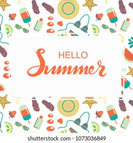 Hand sketched Hello Summer typography lettering poster with summer day elements clip art set on the background. Hand drawn banner, card template. Calligraphy letters design, vector illustration.