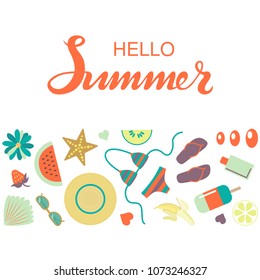 Hand sketched Hello Summer typography lettering poster with summer day elements clip art set on the background. Hand drawn banner, card template. Calligraphy letters design, vector illustration.
