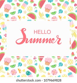 Hand sketched Hello Summer typography lettering poster with summer day elements clip art food set on the background. Hand drawn banner, card template. Calligraphy letters design, vector illustration