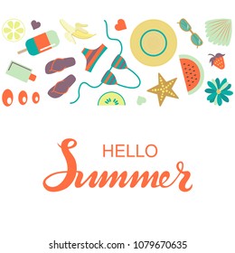 Hand sketched Hello Summer typography lettering poster with summer day elements clip art set on the background. Hand drawn banner, card template. Calligraphy letters design, vector illustration.