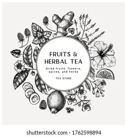 Hand sketched herbal tea ingredients vector wreath.  Summer drinks vintage design. Perfect for recipe, menu, label, icon, packaging, Vintage herbs and fruits outlines. Botanical background. Engraving