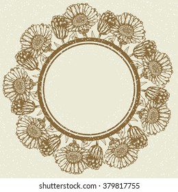 Hand sketched herbs vector. Vintage frame with inky calendula flower vector. Retro design template with medicinal plants for labels, prints, stickers, posters, etc. 