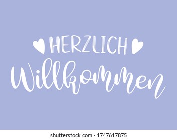 Hand esbozó la cita de Herzlich Wilkommen en alemán. Bienvenida Traducida. Letras para afiche, cabecera, tarjeta