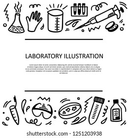 Hand sketched illustration with laboratory tools drawings. Vector illustration isolated on white background. Add you text here. For invitations, cards, banners.