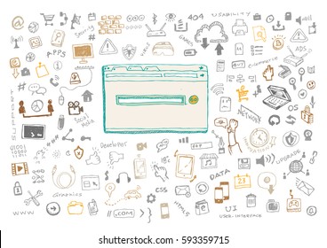 Hand Sketched Information Technology with web browser and loading icon. Editable Clip Art.