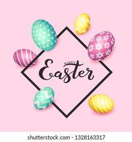 Hand sketched inscription Happy Easter text, holiday greeting card. Hand drawn Easter poster, banner template, lettering typography. Text with egg and rhombus decorative frame, vector illustration.