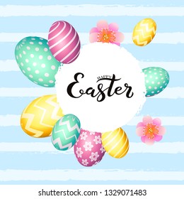 Hand sketched inscription Happy Easter text, holiday greeting card. Hand drawn Easter poster, banner template, lettering typography. Text with egg and flower circle frame, vector illustration.