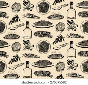 Hand sketched italian cuisine elements seamless pattern. Traditional southern europe meal background.