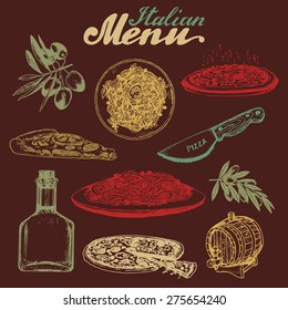 Hand sketched italian menu. Cuisine signs. Vector set of hand drawn mediterranean food elements with lettering. Traditional southern europe meal and drink in ink style.