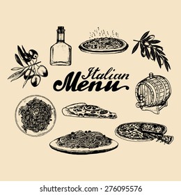 Hand sketched italian menu. Cuisine signs. Vector set of drawn mediterranean food elements with lettering. Traditional southern europe meal and drink in ink style.