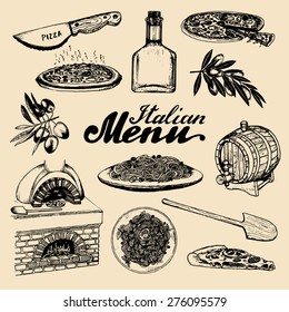 Hand sketched italian menu. Cuisine signs. Vector set of drawn mediterranean food elements with lettering. Traditional southern europe meal and drink in ink style.