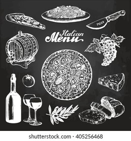 Hand sketched italian menu. Vector mediterranean cuisine food sketches on chalkboard. Pizza, pasta, wine, cheese, bread, olive, grape,spaghetti illustrations for restaurant, cafe, bar design concepts.