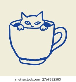 Hand Sketched Kitty Sitting Inside Coffee Cup Cozy Minimal Line Drawing Quirky Animal Illustration