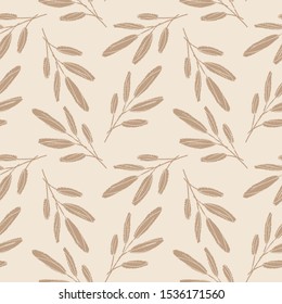 Hand Sketched Leaves Seamless Pattern with Chalk Texture. Floral Vector Background. 