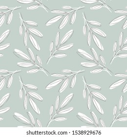 Hand Sketched Leaves Seamless Pattern with Chalk Texture. Floral Vector Background. 